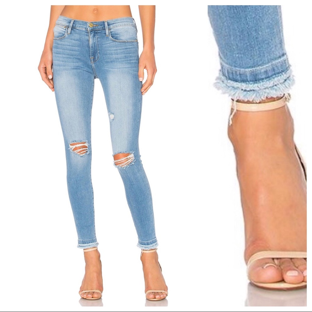 Frame Denim Le High Skinny Jeans Distressed High Rise Double Frayed Hem